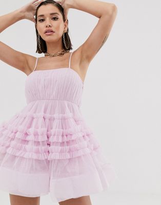 Lace & Beads – Pastellrosa strukturerad miniklänning med tyll och inbyggd body-Lila