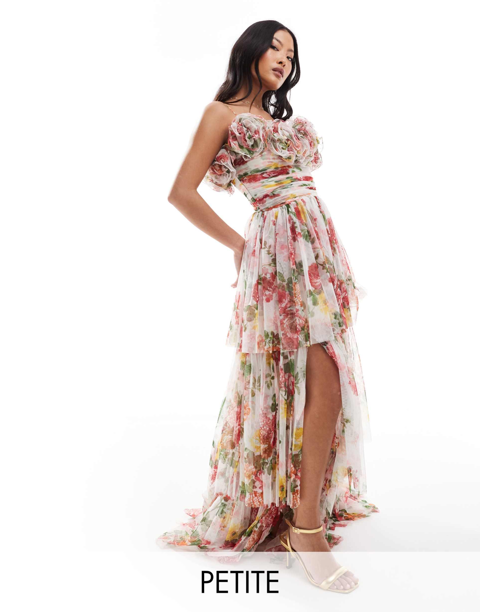 lace & beads petite 3d rose tiered maxi dress in bright floral