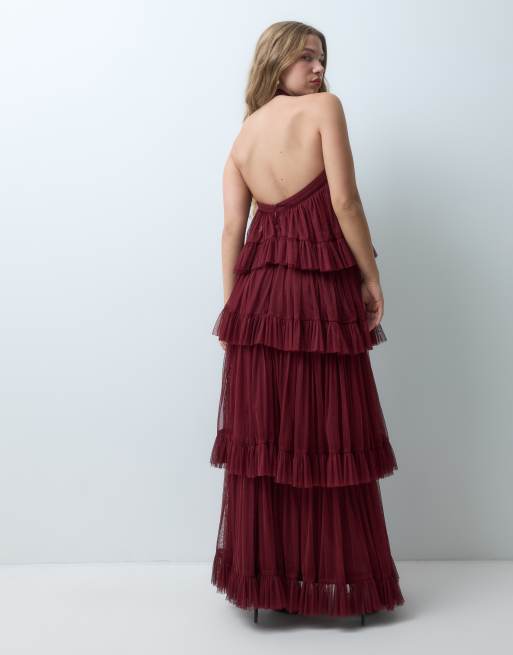 Lace & Beads Petite abito lungo in tulle con scollo all'americana e balze, bordeaux, 3 di 5