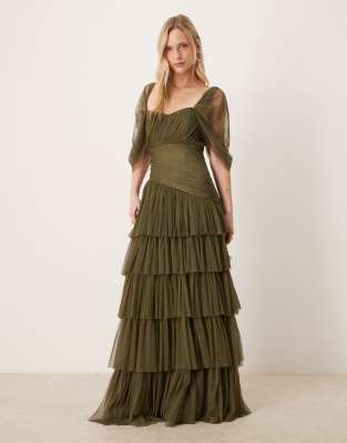 Lace & Beads Petite asymmetric ruffled tulle maxi dress in deep olive
