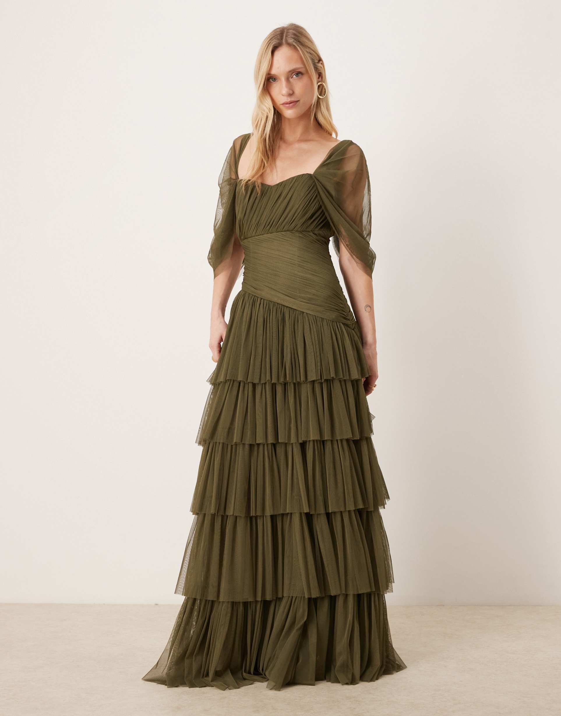 lace & beads petite asymmetric ruffled tulle maxi dress in deep olive