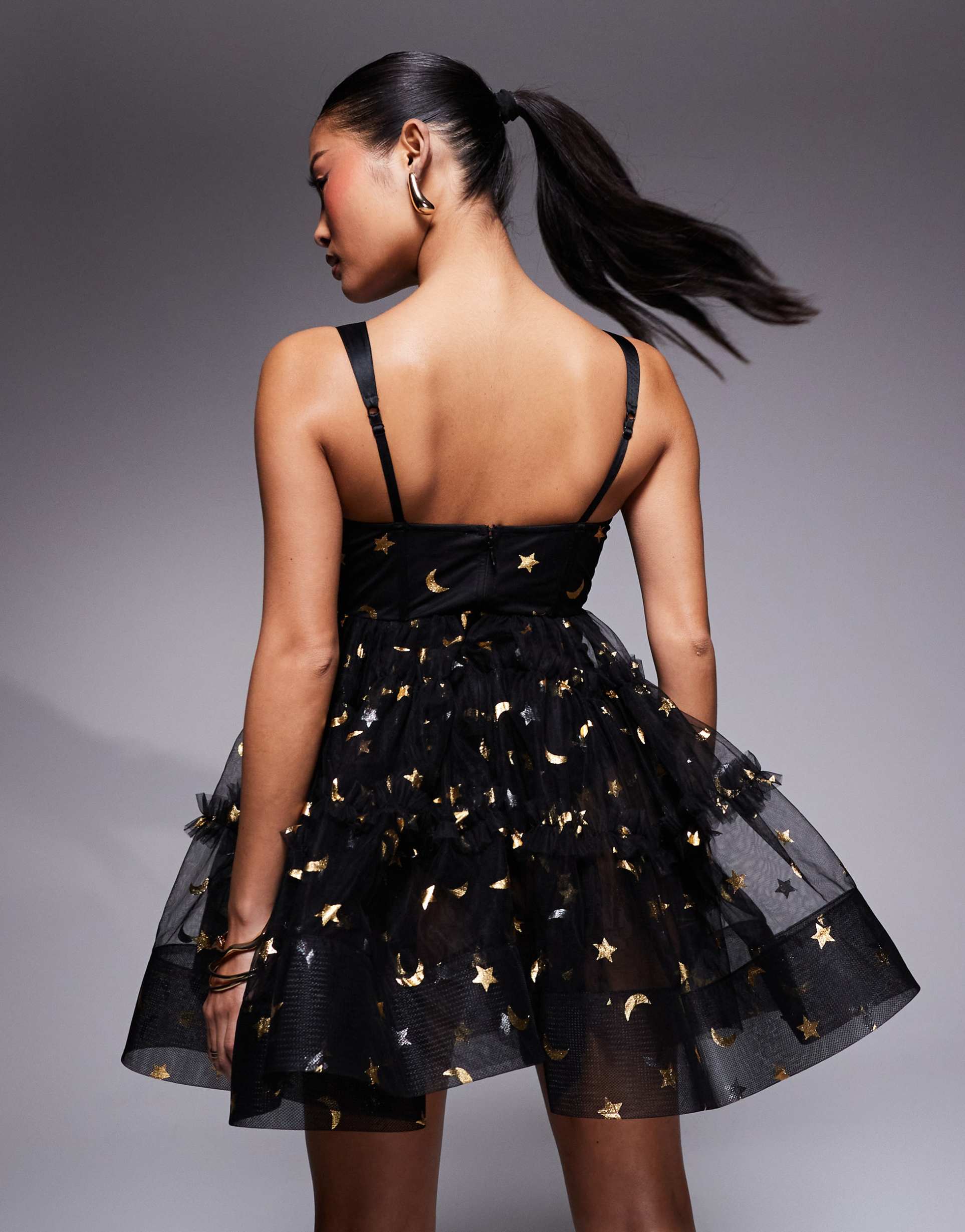 lace & beads petite babydoll mini dress in black mystical print