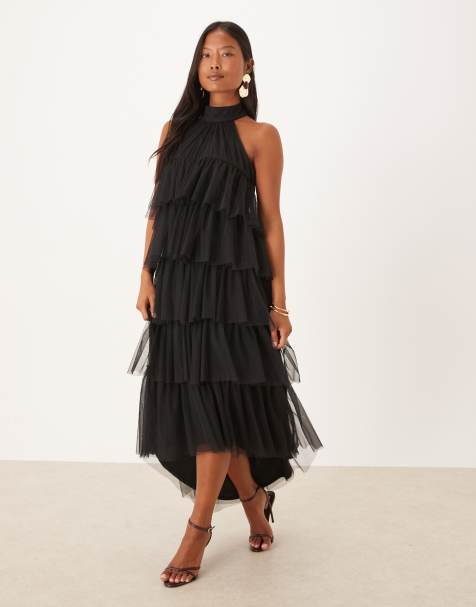 Lace & Beads Petite backless tiered tulle maxi dress in black - view 1