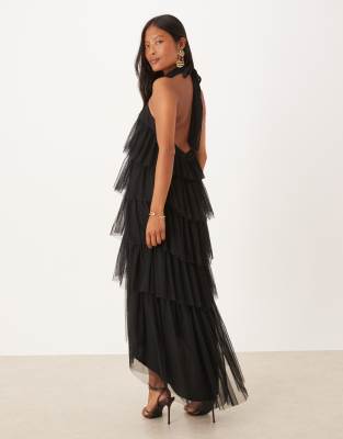 Lace & Beads Petite Backless Tiered Tulle Maxi Dress In Black