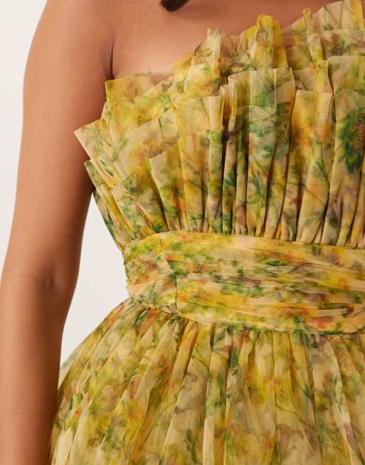 Lace & Beads Petite bandeau high-low tulle maxi dress in yellow floral |  ASOS
