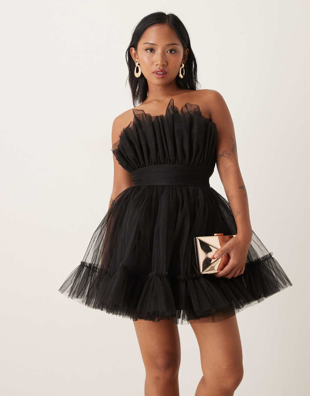 Lace & Beads Petite bandeau structured mini dress in black