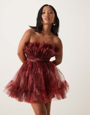 Lace & Beads Petite Bandeau Structured Mini Dress In Red