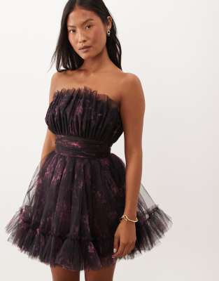 Lace & Beads Petite Bandeau Structured Mini Dress In Multi