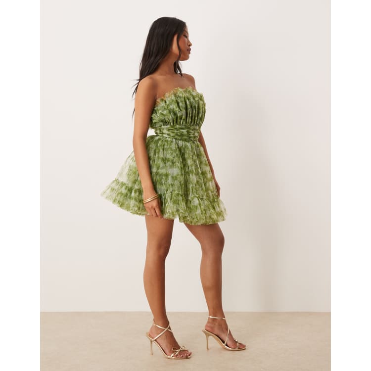 Lace & Beads Petite Bandeau Structured Mini Dress in Olive Floral-Green