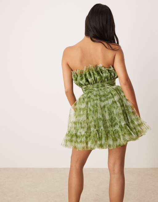 Lace & Beads Petite bandeau structured mini dress in olive floral | ASOS