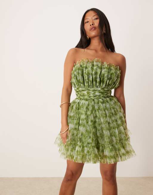 Lace & Beads Petite bandeau structured mini dress in olive floral
