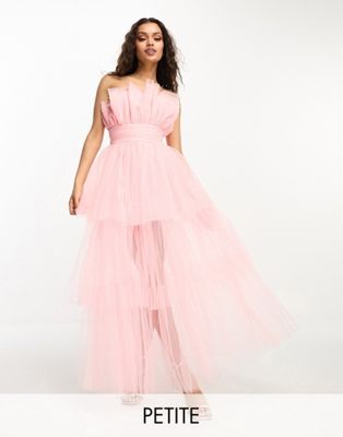 bandeau tulle high low maxi dress in blush-Pink