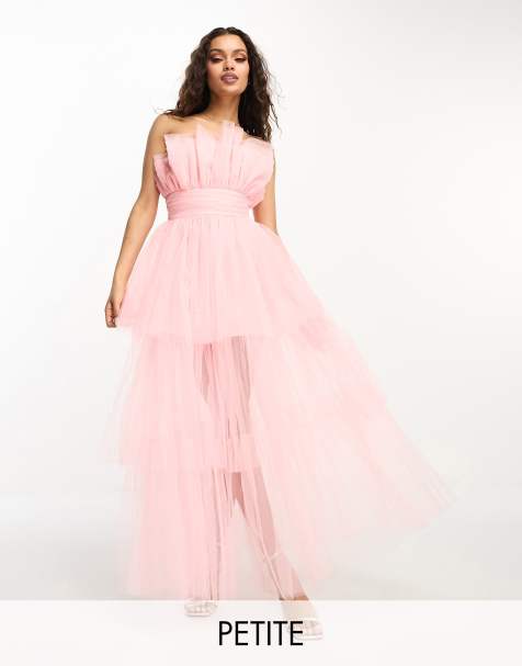 Lace & Beads Petite bandeau tulle high low maxi dress in blush - view 1