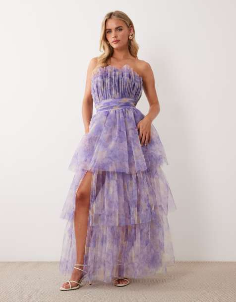 Lace & Beads Petite bandeau tulle maxi dress in blown up lilac floral - view 1