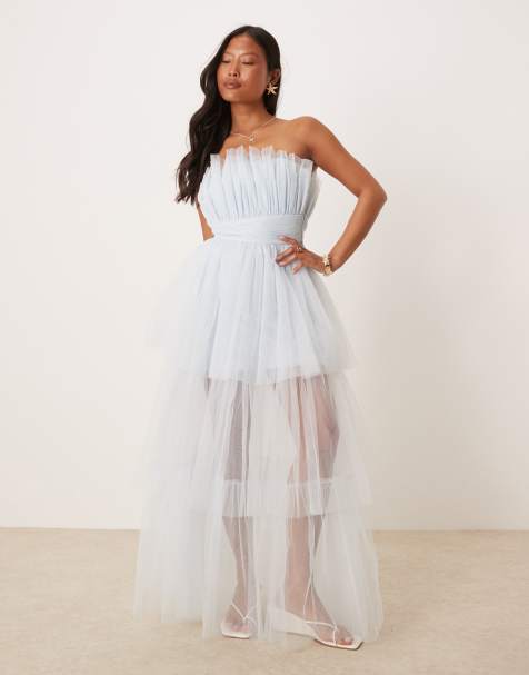 Lace & Beads Petite bandeau tulle maxi dress in sky blue - view 1