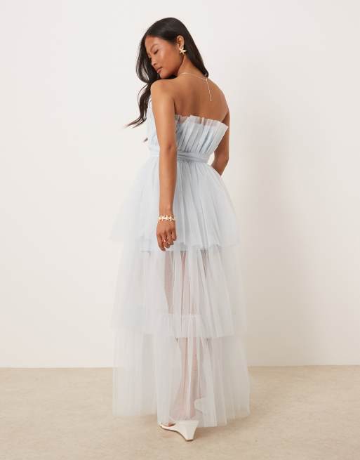 Lace & Beads Petite bandeau tulle maxi dress in sky blue, 4 of 4