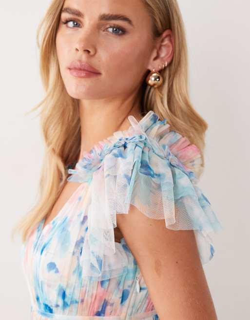 Lace & Beads Petite – Blå, blommig, panelsydd maxiklänning i tyll med volangprydda axlar, 2 av 4