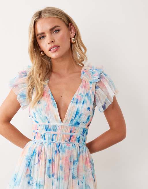 Lace & Beads Petite – Blå, blommig, panelsydd maxiklänning i tyll med volangprydda axlar, 3 av 4