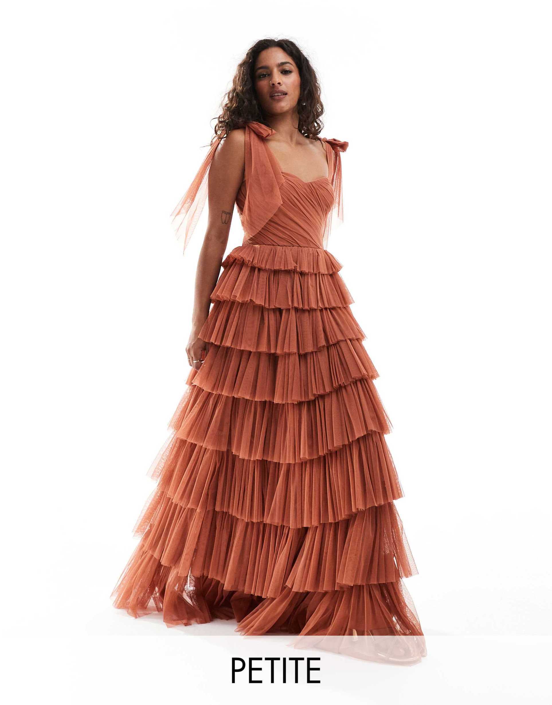 lace & beads petite bow shoulder maxi dress in terracotta brown