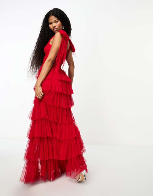 Lace Beads Petite bow shoulder ruffle maxi dress in red