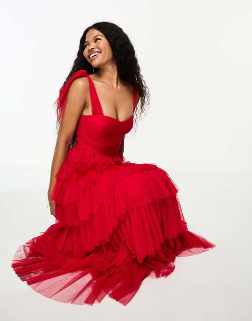 Lace & Beads Off Shoulder Tulle Corset Maxi Dress in Red