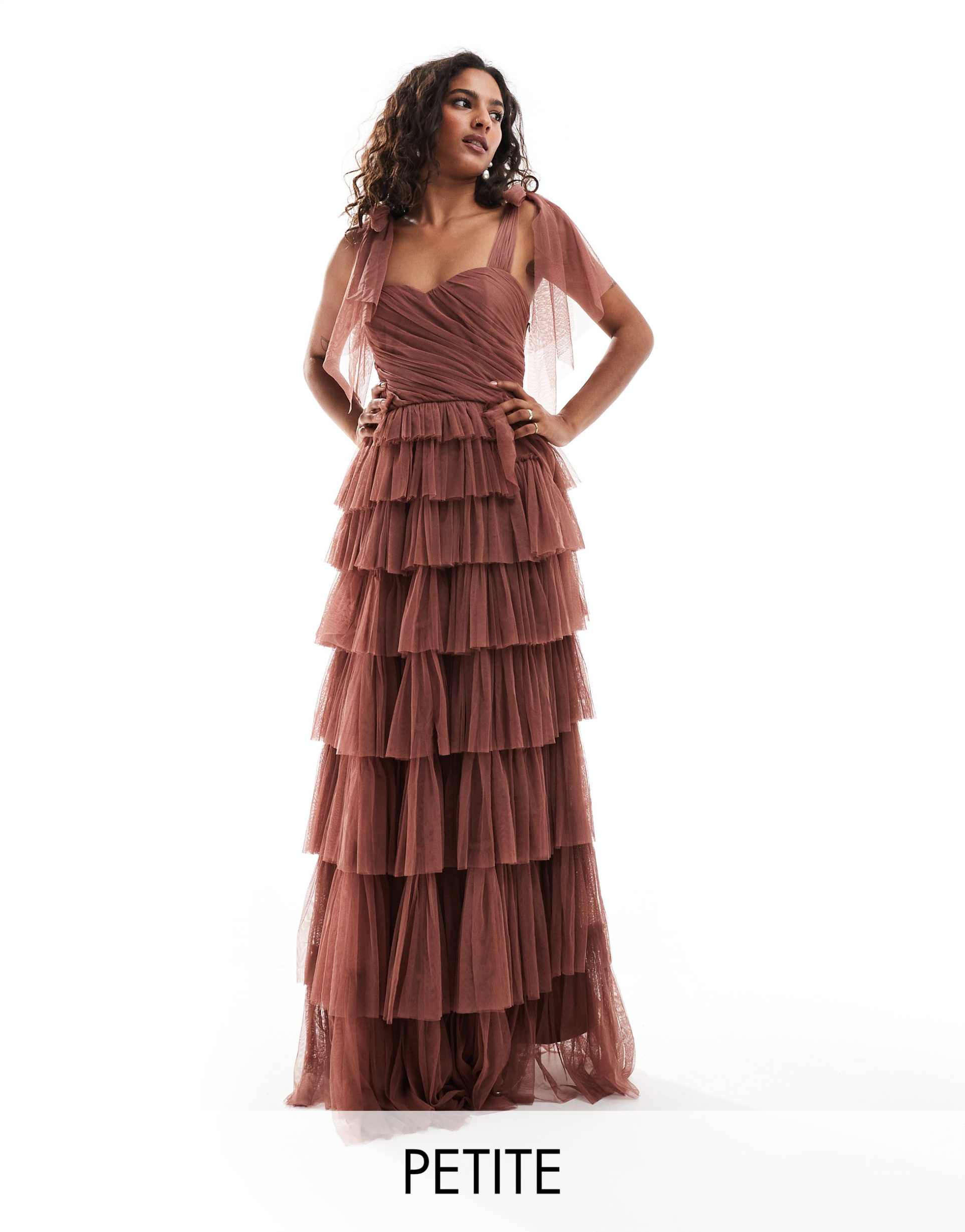 lace & beads petite bow shoulder ruffle maxi dress in rose brown