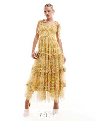 bow shoulder ruffle midi dress in yellow floral