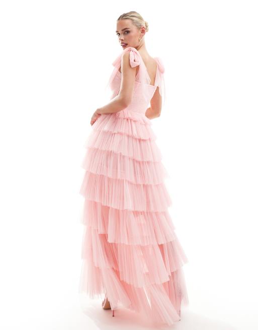 Lace & Beads Petite bow shoulder tiered maxi dress in powder pink, 4 of 4