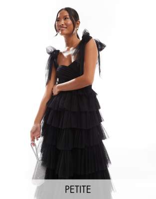 bow shoulder tiered tulle maxi dress in black