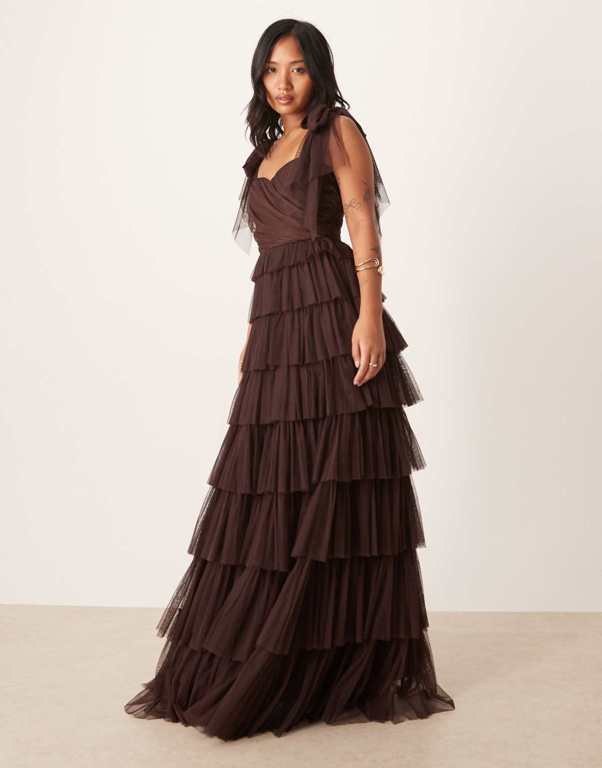 Lace & Beads Petite bow shoulder tiered tulle maxi dress in chocolate plum