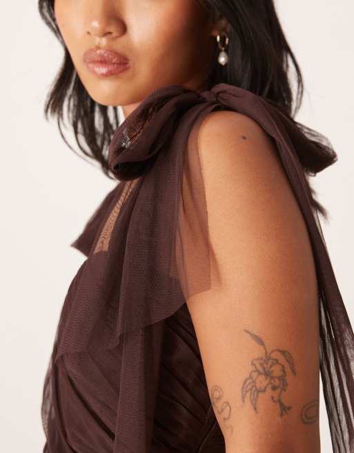 Lace & Beads Petite bow shoulder tiered tulle maxi dress in chocolate plum, 2 of 4