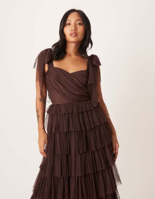 Lace & Beads Petite bow shoulder tiered tulle maxi dress in chocolate plum, 3 of 4