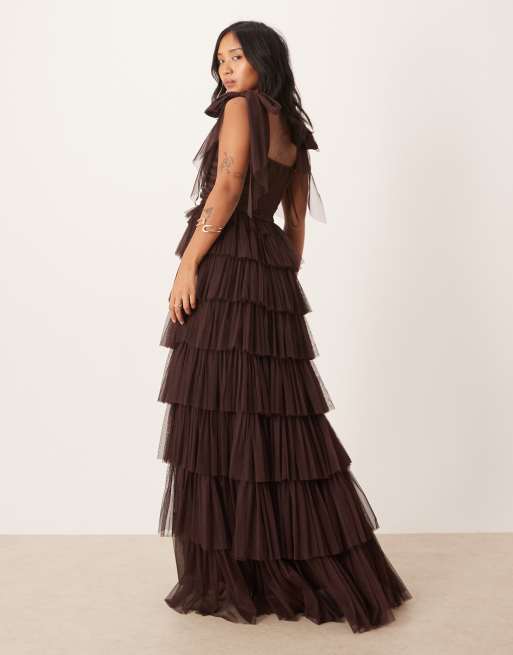 Lace & Beads Petite Bow Shoulder Tiered Tulle Maxi Dress in Chocolate plum-Brown