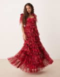 [Lace & Beads Petite] Lace & Beads Petite bow shoulder tiered tulle maxi dress in pink and red rose 10 Pink/Red Rose
