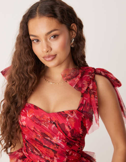 Lace & Beads Petite bow shoulder tiered tulle maxi dress in pink and red rose