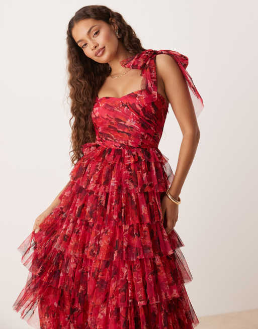 Lace & Beads Petite bow shoulder tiered tulle maxi dress in pink and red rose