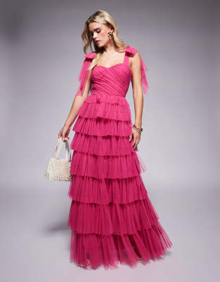 Lace & Beads Petite Lace & Beads Petite bow shoulder tiered tulle maxi dress in pink