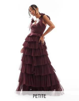 Lace & Beads Petite Lace & Beads Petite bow shoulder tiered tulle maxi dress in plum-Purple