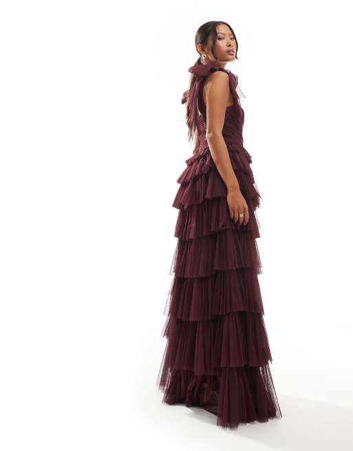 Lace Beads Petite bow shoulder tiered tulle maxi dress in plum