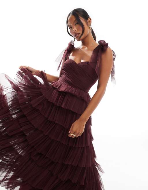 Lace Beads Petite bow shoulder tiered tulle maxi dress in plum ASOS