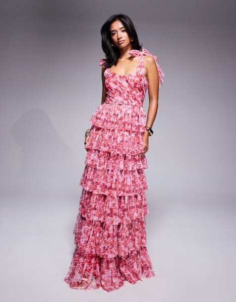 Lace & Beads Petite bow shoulder tiered tulle maxi dress in red floral - view 1