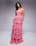 [Lace & Beads Petite] Lace & Beads Petite bow shoulder tiered tulle maxi dress in red floral 14 RED & PINK FLORAL
