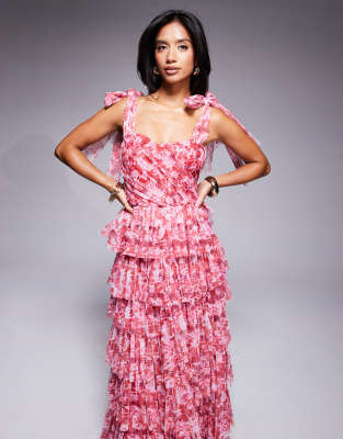 Lace & Beads Petite Bow Shoulder Tiered Tulle Maxi Dress
