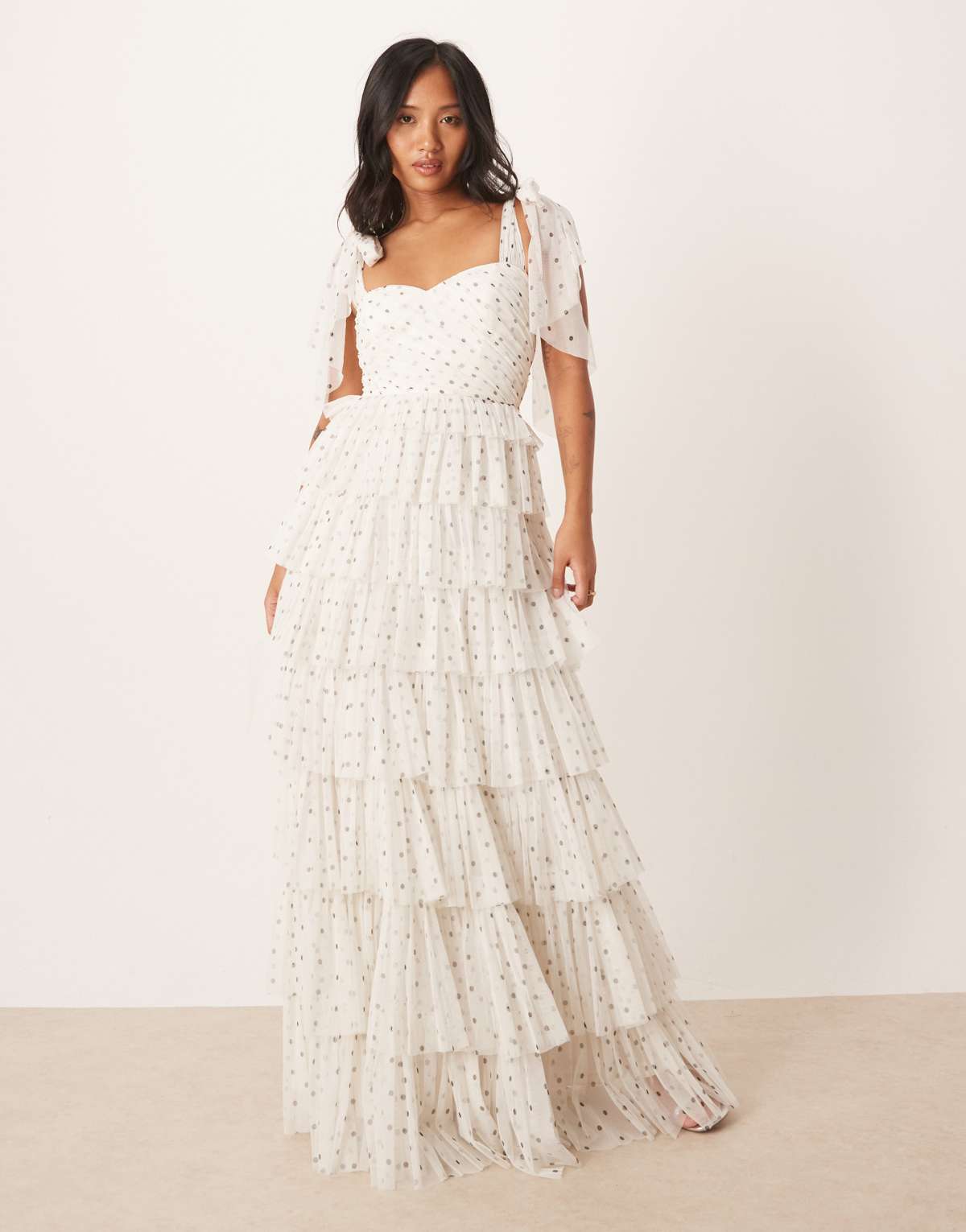 Lace & Beads Petite bow shoulder tiered tulle maxi dress in white polka dot