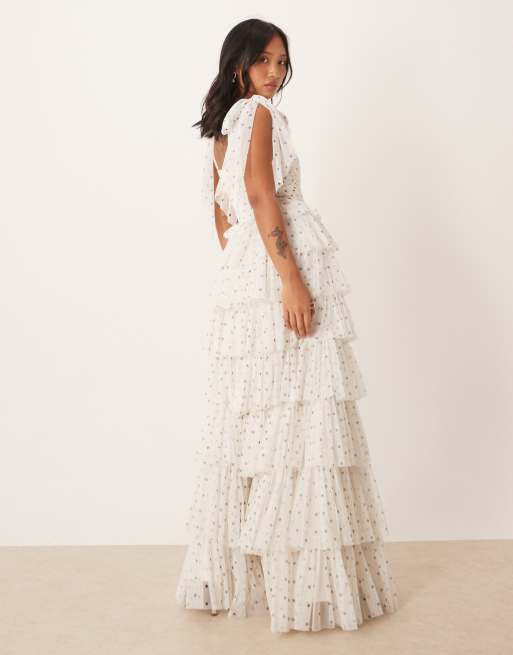 Lace & Beads Petite bow shoulder tiered tulle maxi dress in White polka dot