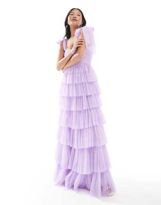 Lace & Beads Petite Bow Shoulder Tulle Maxi Dress In Purple