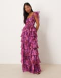 [Lace & Beads Petite] Lace & Beads Petite bow shoulder tulle maxi dress in red abstract print-Multi 6 Red/purple