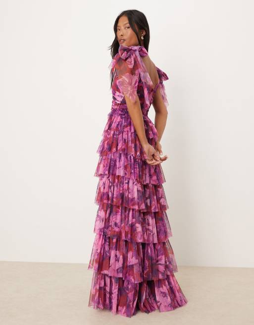 Lace & Beads Petite bow shoulder tulle maxi dress in red abstract print, 2 of 4