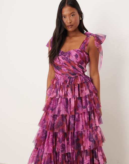 Lace & Beads Petite bow shoulder tulle maxi dress in red abstract print, 4 of 4
