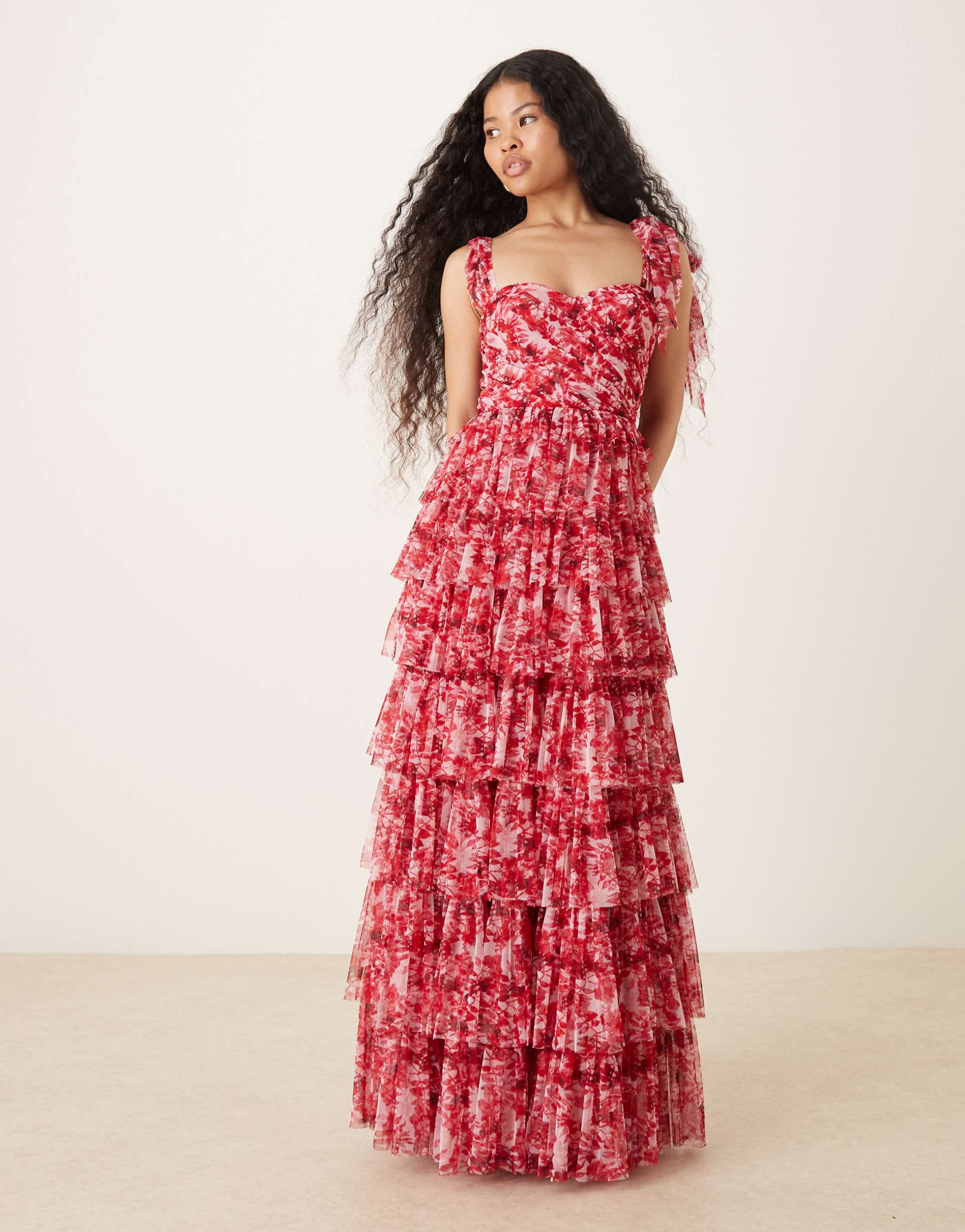 lace & beads petite bow shoulder tulle maxi dress in red and pink floral